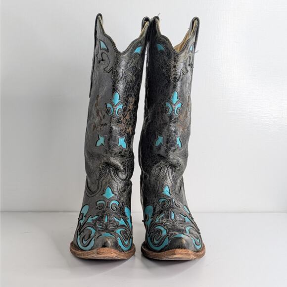 Corral C2117 Black Turquoise Distressed Western Snip Toe Cowgirl Boots Women 8 M - Picture 6 of 16